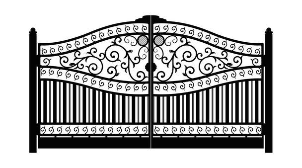 geschmiedetes Tor. Architekturdetail. schwarzes geschmiedetes Eisentor mit dekorativem Gitter, isoliert auf weißem Hintergrund. Vektor Folge 10 - Vektor, Bild