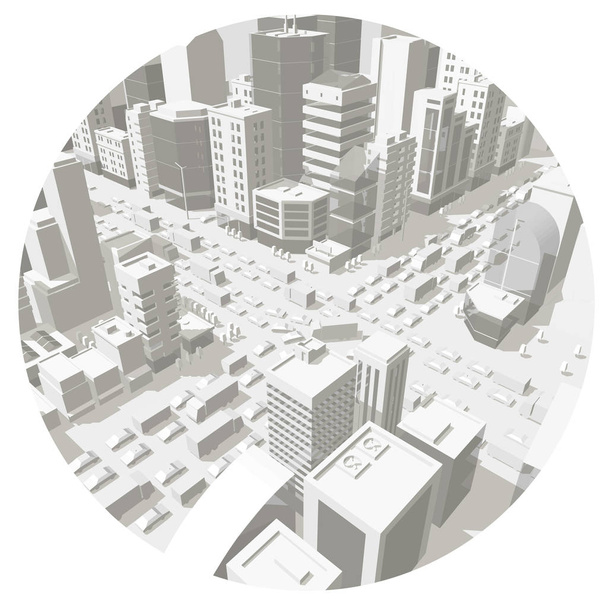 City buildings in the circle. Background street In light gray tones. 3d road Intersection. City projection view. Vector horizontal rectangular banner format. Cars end buildings top view. - Vector, Image