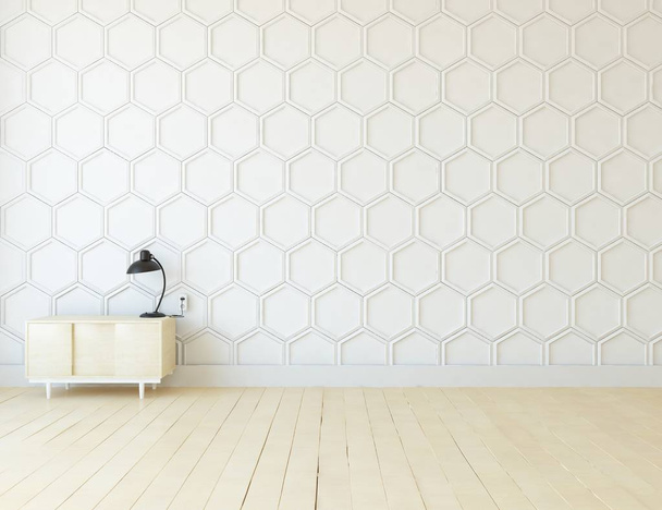 Idéia de um interior de sala escandinavo vazio branco com cômoda no chão de madeira e grande parede. Interior de fundo. Casa interior nórdico. Ilustração 3D
  - Foto, Imagem
