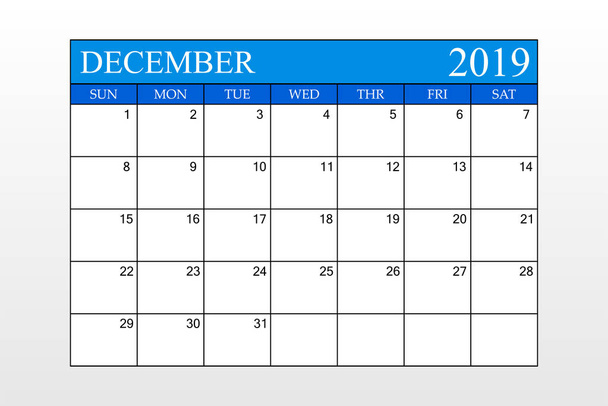 Calendario 2019, Diciembre, Tema azul, Planificador de horarios, organizador, semanas a partir del domingo, Ilustración vectorial
 - Vector, Imagen