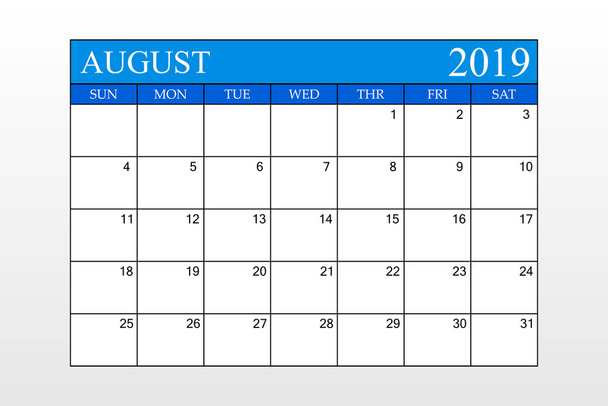 Kalendarzowy 2019, sierpnia, niebieski motyw, Schedule Planner, organizator, tygodni uruchomić od niedzieli, ilustracji wektorowych - Wektor, obraz