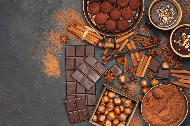 Hot chocolate mug with chocolate and truffles candy, top view - 写真・画像