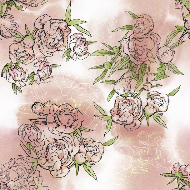Floral seamless pattern. Hand drawn illustration. Fullsize raster atrwork. - Fotoğraf, Görsel