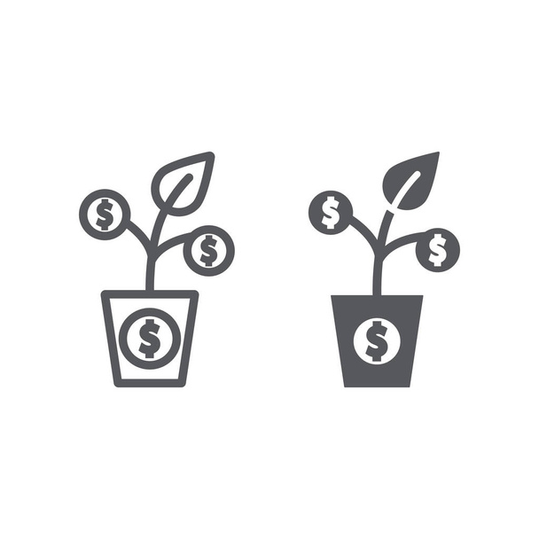 Geldbaumlinie und Glyphen-Symbol, Währung und Wachstum, Finanzpflanzenzeichen, Vektorgrafik, ein lineares Muster auf weißem Hintergrund. - Vektor, Bild