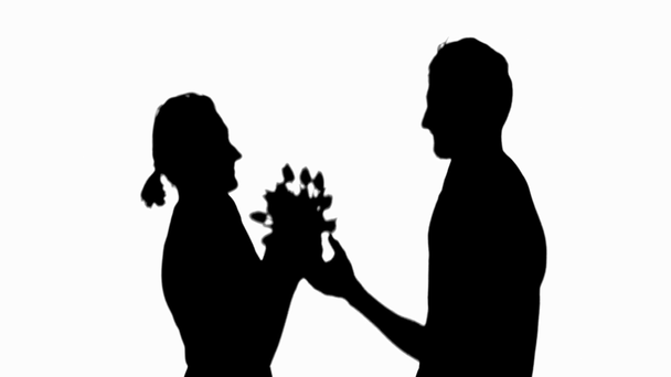 Side view of silhouette of man presenting flower bouquet to woman and embracing isolated on white - Кадры, видео
