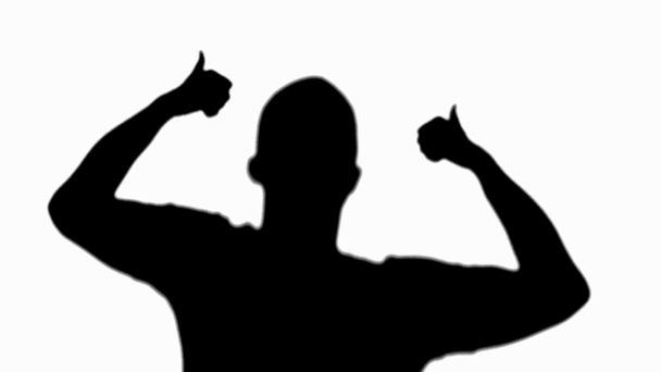 Front view of silhouette of happy man showing thumbs up and dancing isolated on white - Footage, Video