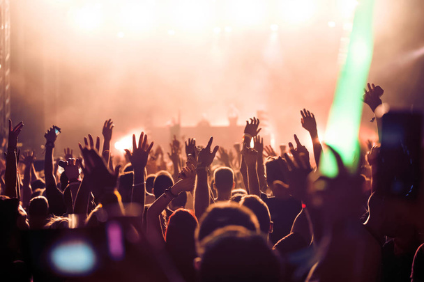 Аплодирующая толпа с поднятыми руками наслаждается на музыкальном фестивале
 - Фото, изображение