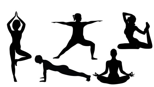 Vrouwen doen yoga oefeningen silhouetten   - Vector, afbeelding