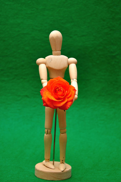 Una pantalla de maniquí de madera con una rosa naranja con enfoque selectivo
 - Foto, Imagen