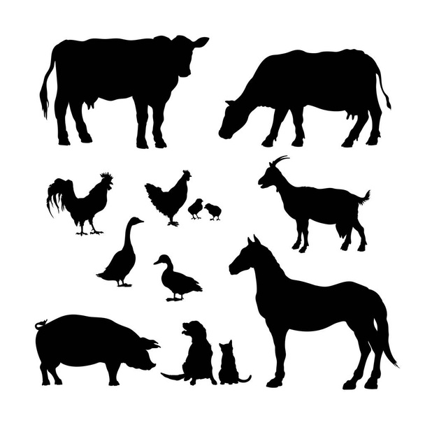 Czarne sylwetki zwierząt gospodarskich. Zestaw ikon bydła domowego. Na białym tle obraz wsi bydła i drobiu. Krowa, koń, świnia i koza - Wektor, obraz