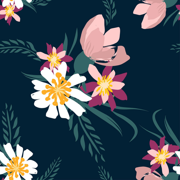 Seamless pattern with small flowers on a dark background. Modern and Trendy for fabric - ベクター画像