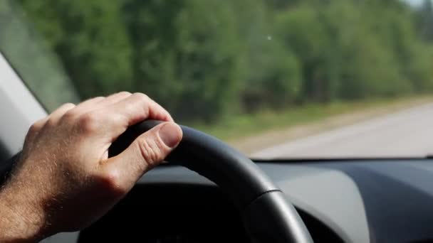 Um homem a conduzir o carro. Dirigir carro de férias, natureza. Mão masculina no volante close-up. 4K
 - Filmagem, Vídeo
