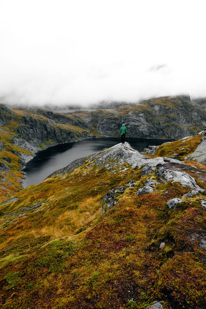 Jovem de pé na famosa borda do penhasco e desfrutando de uma vista panorâmica sobre um vale, lago e as montanhas nas ilhas Lofoten, Noruega, perto de Munken e Munkebu
        - Foto, Imagem