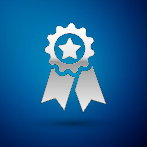Silver Medal with star icon isolated on blue background. Winner achievement sign. Award medal. Vector Illustration - Vector, Image