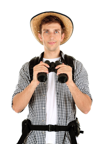 Fiatal természetjáró ember turisztikai binokuláris, elszigetelt fehér - Fotó, kép