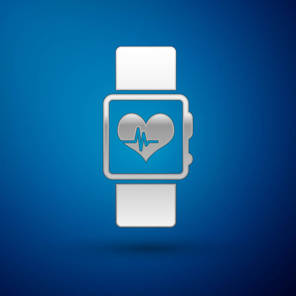 Silver Smart watch showing heart beat rate icon isolated on blue background. Fitness App concept. Vector Illustration - Vector, Image