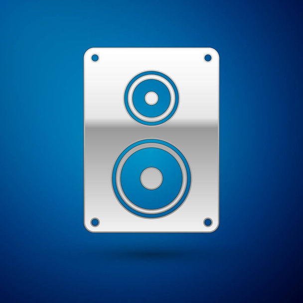 Icono de altavoz estéreo plateado aislado sobre fondo azul. Altavoces del sistema de sonido. Icono musical. Equipo de altavoz de columna musical bajo. Ilustración vectorial
 - Vector, Imagen