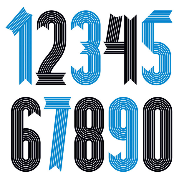 Set of cool stylish vector digits, modern numerals collection. Funky condensed bold numbers from 0 to 9 can be used in poster art. Created using stripy ornate, parallel lines. - Vector, Image