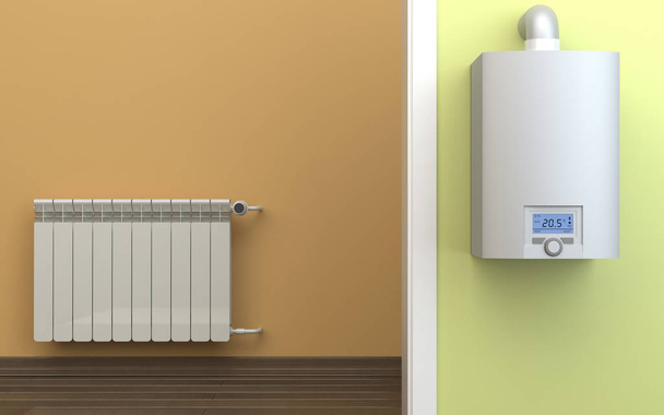 Heating radiator and gas boiler, 3D illustration - Photo, Image