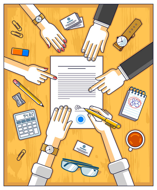 Bank customer write a sign on financial form of money credit with employees helps him and explains the terms of loan or Businessman signs contract paper, top view of desk with people hands. Vector. - Vector, Image