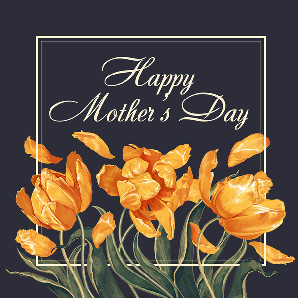 "Plantilla de banner del Día de las Madres con ramo y marco de tulipanes amarillos
. - Vector, imagen