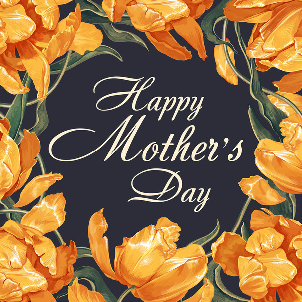 "Шаблон на День матери с желтыми тюльпанами, цветами и листьями
.  - Вектор,изображение