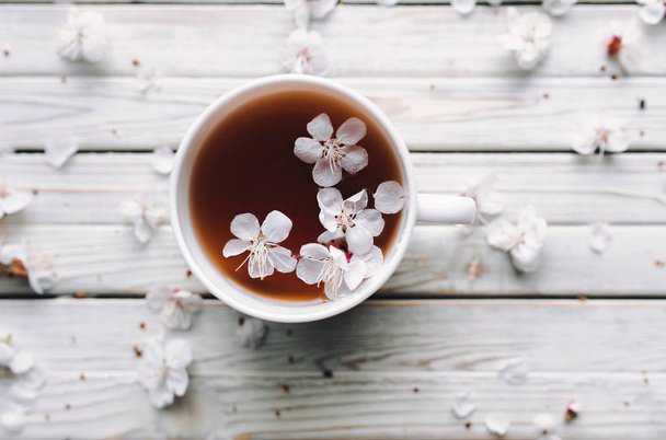 Cup of tea and spring apricot blossom on a white wooden background. Overhead view. Rustic. - Photo, Image