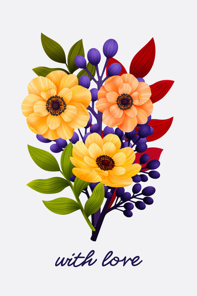 Gartenblumen. Blumenkarte, Strauß mit gelben Anemonen und farbigen Blättern und mit Liebestext. Liebe Karte. Vektorillustration. - Vektor, Bild