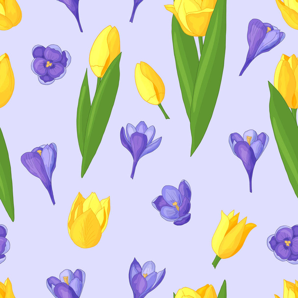 Seamless pattern of spring flowers: crocuses and tulips - Vektör, Görsel