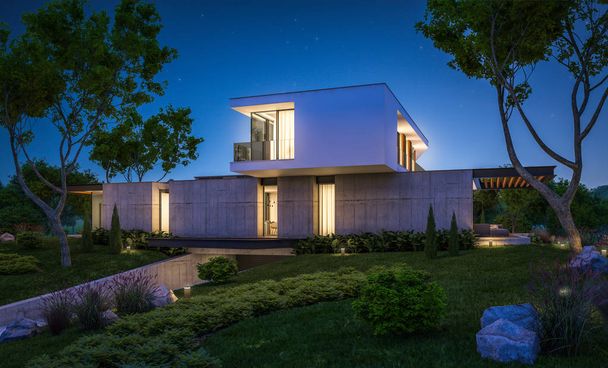 modern ház a hegyen, a medence este 3D-leképezés - Fotó, kép