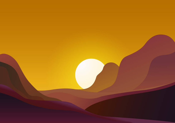 Sunset in desert - vector illustration natural flat background. Evening landscape with sun sets behind the mountains and yellow sky. - Vettoriali, immagini