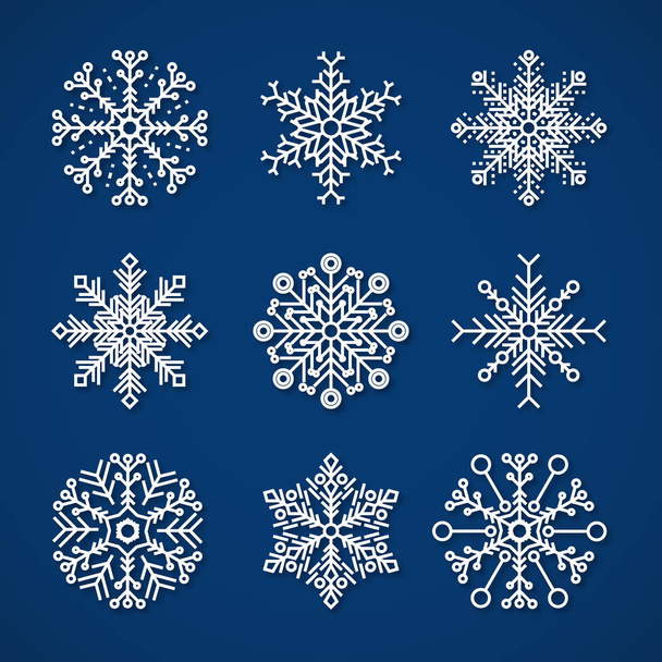Conjunto de invierno de copos de nieve decorativos. Silueta icono aislado sobre fondo azul. Ilustración vectorial
 - Vector, Imagen