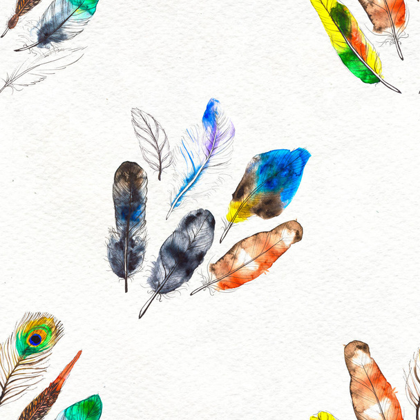 Watercolor feathers seamless pattern. Hand painted texture - Foto, Bild