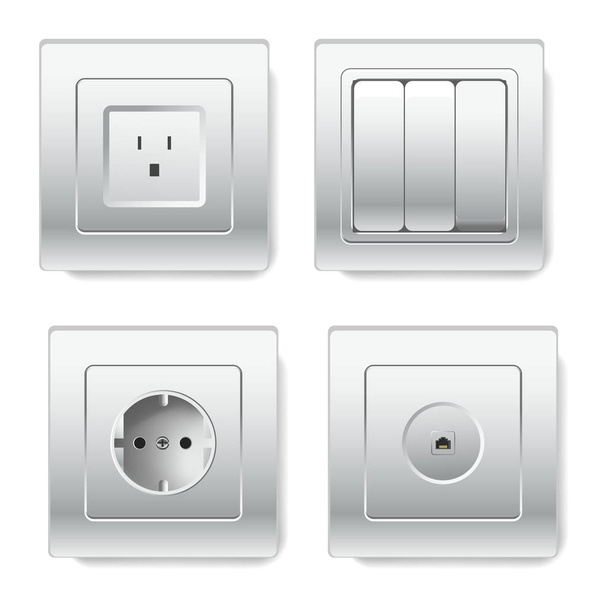 Sockets with different number of slots types depending on standards vector isolated set of plugs with two and three holes made for cables to charge appliances two-pole unit with switch on and off. - ベクター画像