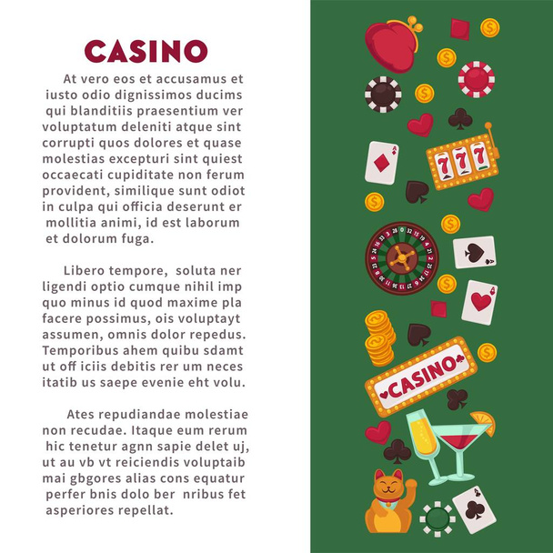 Gambling sport casino club play card games roulette and fruit machines vector poker chips black jack and alcohol cocktails lucky Chinese cat and wallet gold coins stakes and betting win jackpot. - Vektori, kuva