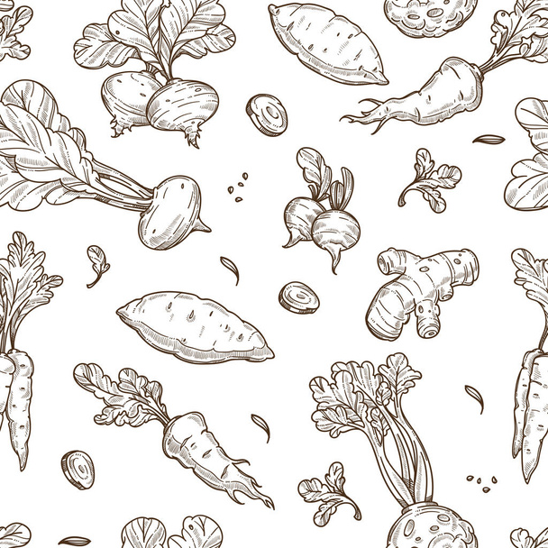 Farm product root food sketch seamless pattern celery and carrot vector potato and turnip ginger and carrot swede and radish inside endless texture agriculture and farming monochrome wallpaper. - Vecteur, image