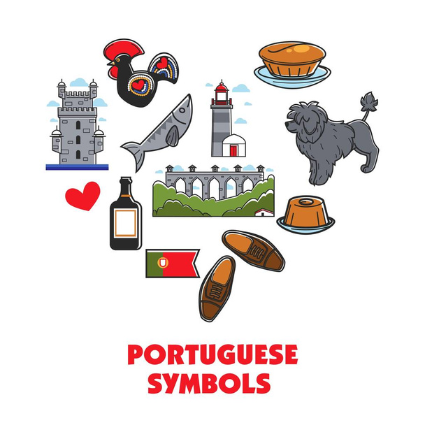 Reizen naar Portugal Portugees symbolen hart architectuur en voedsel dierlijke vector Waterhond en vis gebak en Madeira wijn bakstenen brug klei haan met ornament vuurtoren toeristische attracties. - Vector, afbeelding
