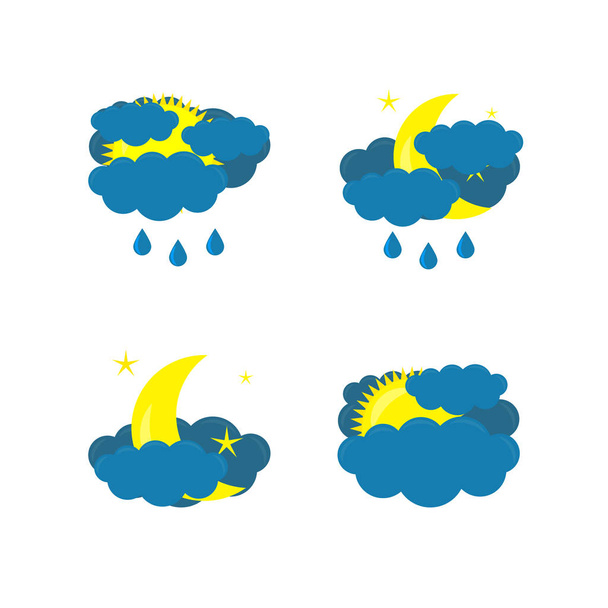 Wettersymbol. die Vektoren-Ikone des Mondes, Sonne, Mond mit Wolken und Regen, Sonne mit Wolken und Regen auf weißem Hintergrund. Vektorillustration - Vektor, Bild