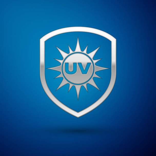 Ezüst Uv védelem ikon kék háttér elszigetelt. Nap és pajzs. Ultraibolya sugarainak-sugárzásnak. SPF v jel. Vektoros illusztráció - Vektor, kép