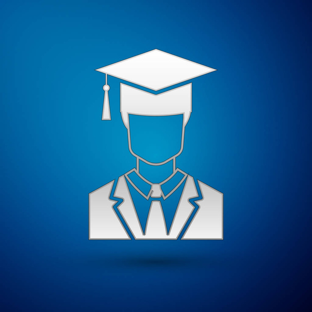 青の背景に分離のガウンと卒業のキャップ アイコン男性大学院生のプロファイルとシルバーします。ベクトル図 - ベクター画像
