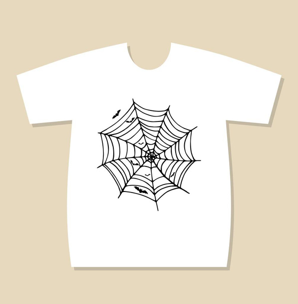 T-shirt print design cobweb és denevérek fehér háttérben - Vektor, kép