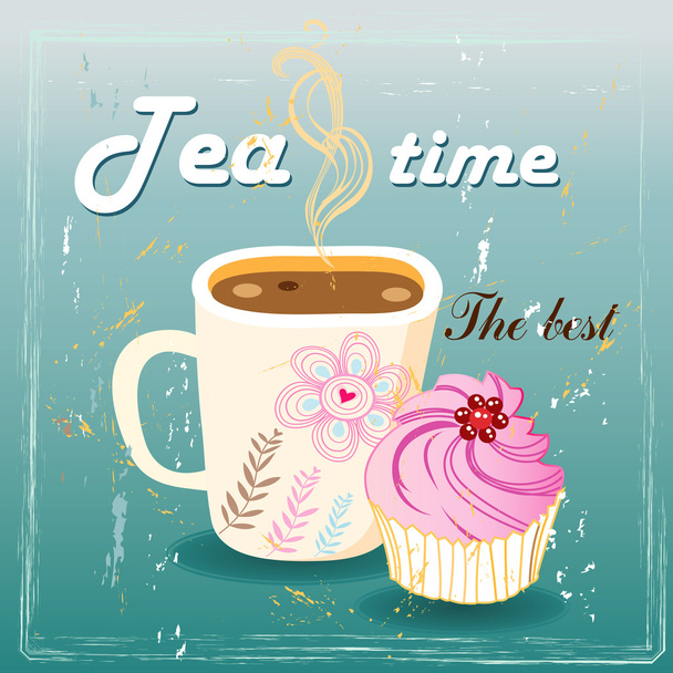 Delicious tea and cake - Vector, Image