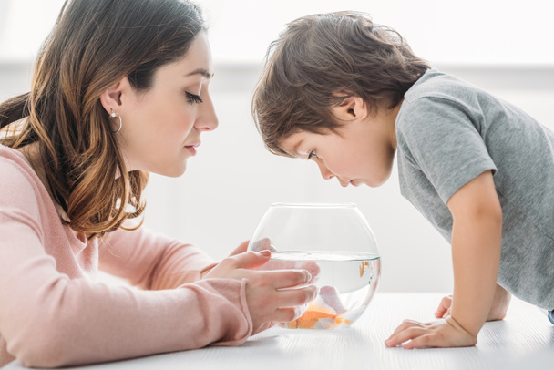 attractive woman with adorable son looking into fish bowl at home - Zdjęcie, obraz
