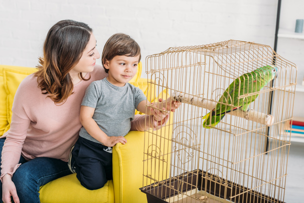 glückliche Mutter mit entzückendem Sohn beim Anblick des grünen Papageien im Vogelkäfig zu Hause - Foto, Bild