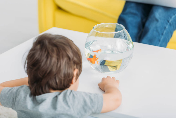 back view of cute boy standing near white table with fish bowl - Photo, Image