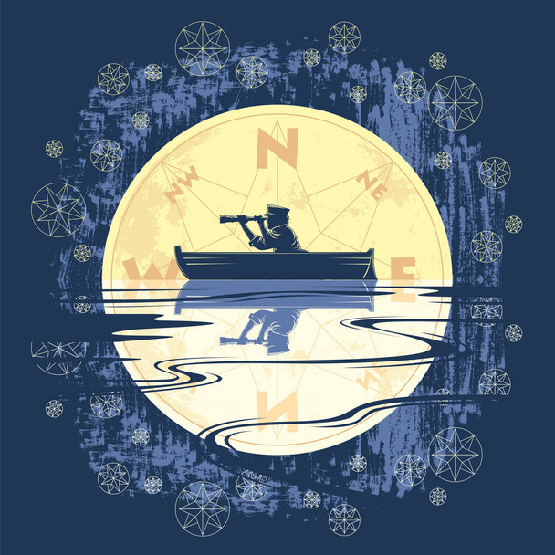 Sailor looking spyglass on boat, vector illustration - Vector, Image