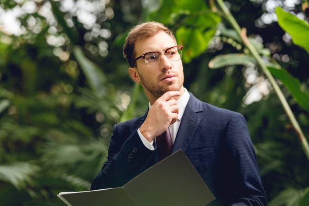 dreamy businessman in suit and glasses holding folder in greenhouse  - Photo, Image