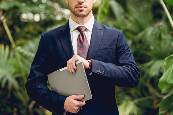 partial view of businessman in suit holding folder in greenhouse  - Fotó, kép