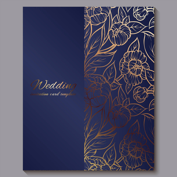 Exquisite royal luxury wedding invitation, gold on blue background with frame and place for text, lacy foliage made of roses or peonies with golden shiny gradient. - Vector, Image