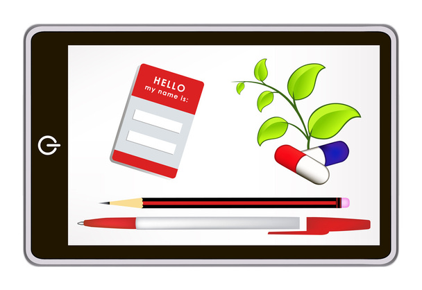 Realistic tablet pc computer with name tag, pills, pen, pencil, leaves. eps10 mesh vector illustration - Vector, Image